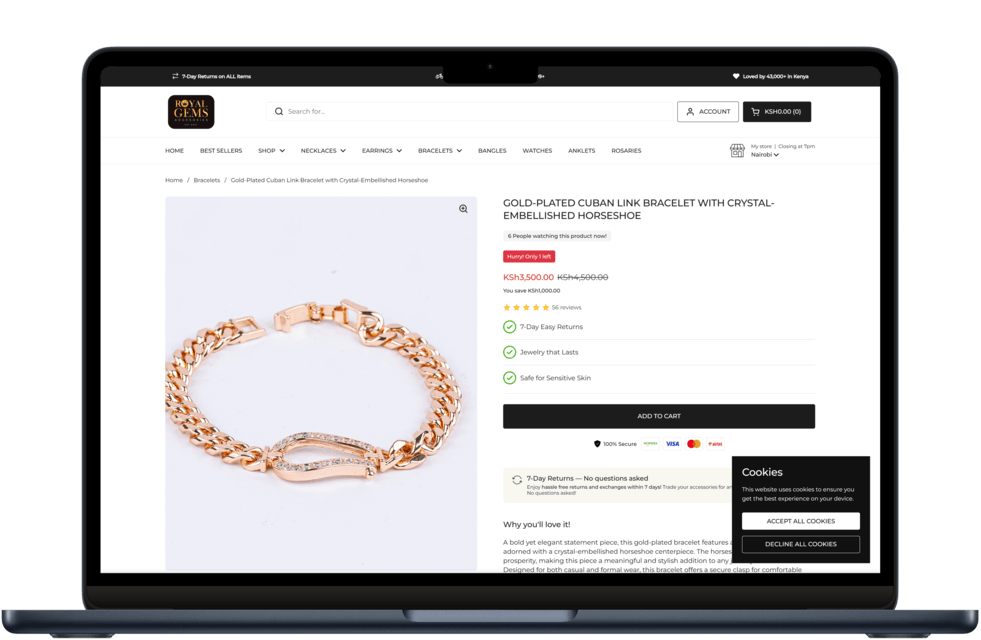 MacBook mockup showing Royal Gems Accessories Shopify product page, part of a CRO case study in Kenya